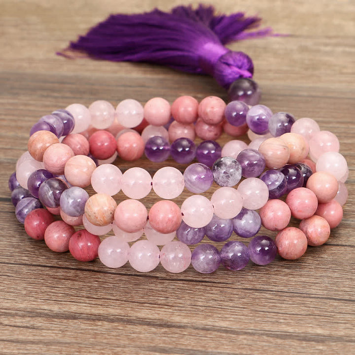 Bracelet de guérison spirituelle à pampilles en améthyste et quartz rose avec 108 perles de Mala Buddha Stones