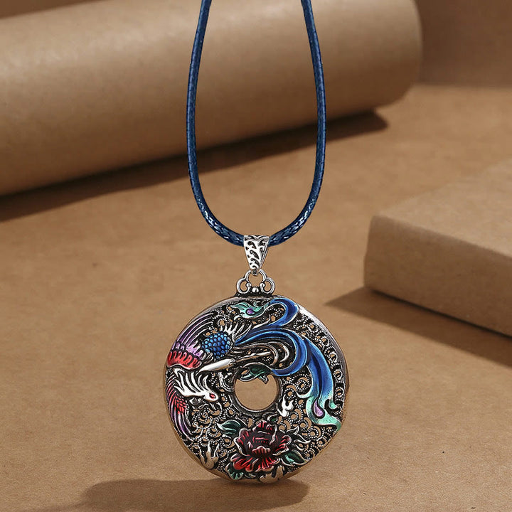 Collier avec pendentif en Buddha Stones, phénix, pivoine, protection de la chance