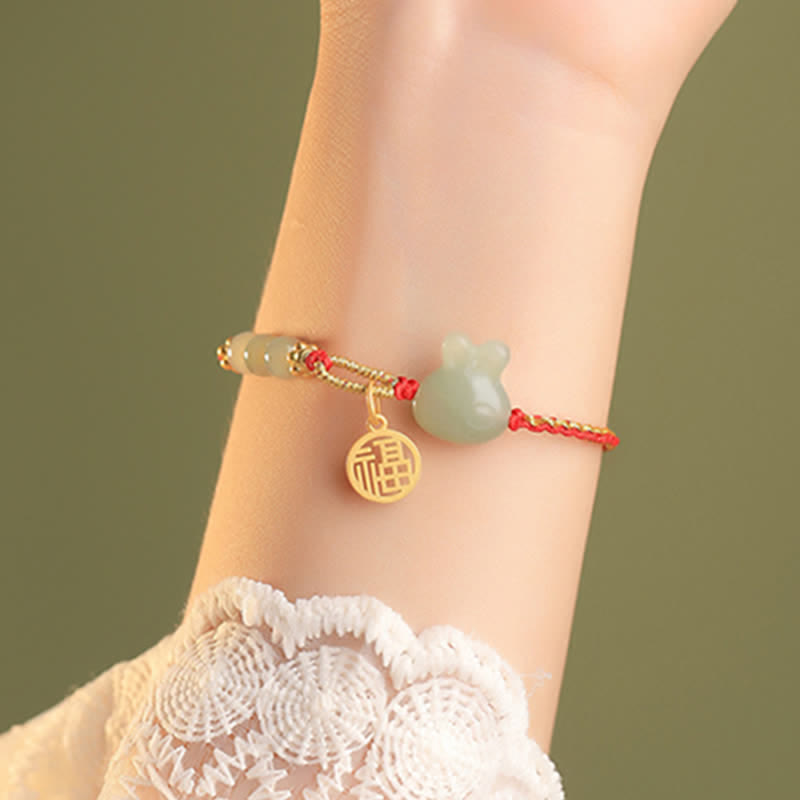 Bracelet en argent sterling 925 Buddha Stones et jade Hetian Année du lapin, porte-bonheur et cordon rouge