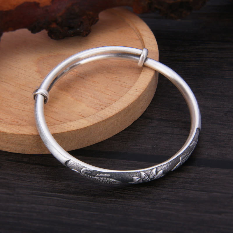 Bracelet jonc porte-bonheur en argent sterling 999 Buddha Stones et poisson koï et lotus