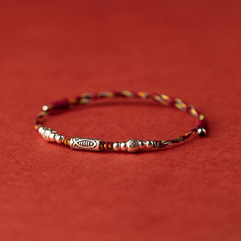 Bracelet de cheville tressé en argent sterling 925 avec poisson Koi et pierres de Buddha Stones