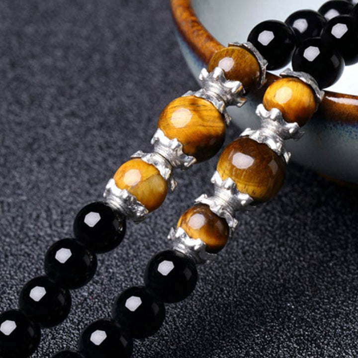 Bracelet Mala 108 perles en obsidienne noire naturelle œil de tigre Buddha Stones