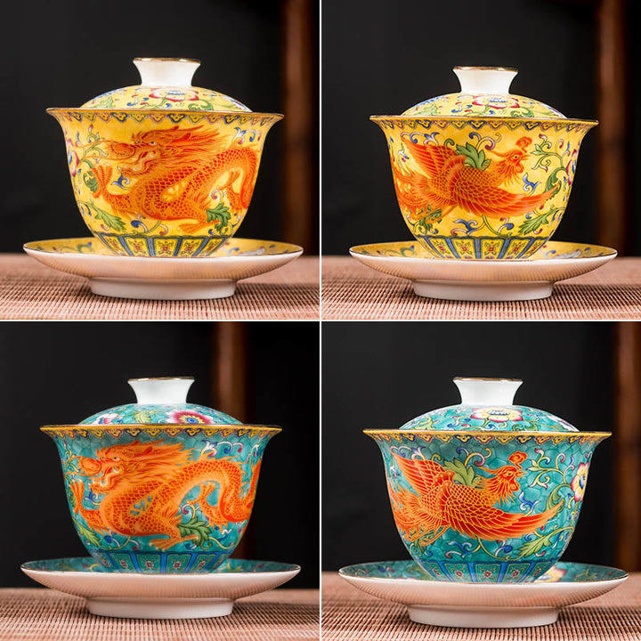Tasse à thé en céramique Gaiwan Sancai avec motif de fleurs et de dragons Buddha Stones Kung Fu et soucoupe avec couvercle