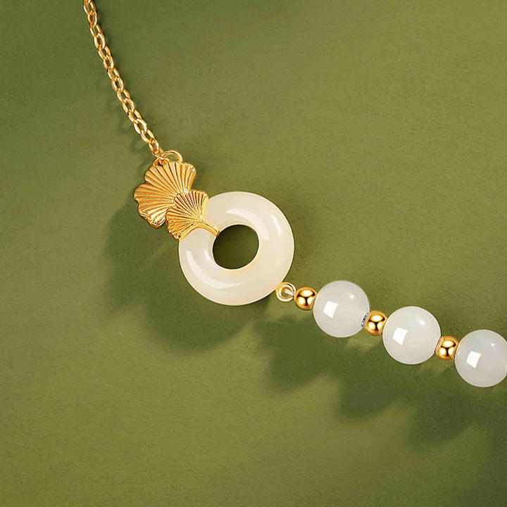 Bracelet Buddha Stones -bonheur en argent sterling 925 avec boucle de paix en jade blanc Hetian et feuilles de ginkgo - image 4