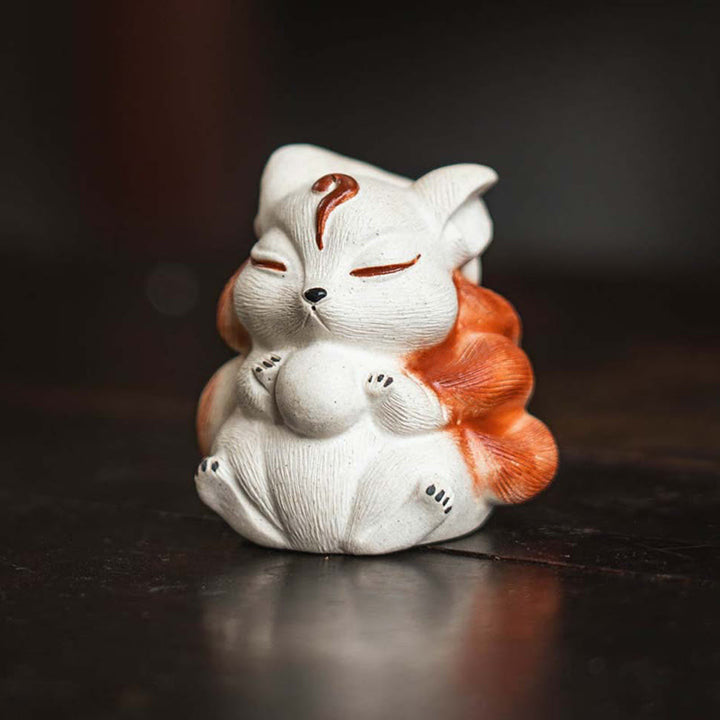 Mini renard à neuf queues en argile violette, décoration de bureau porte-bonheur en Buddha Stones