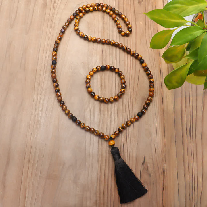 Bracelet Mala 108 Buddha Stones avec pompon de protection en œil de tigre