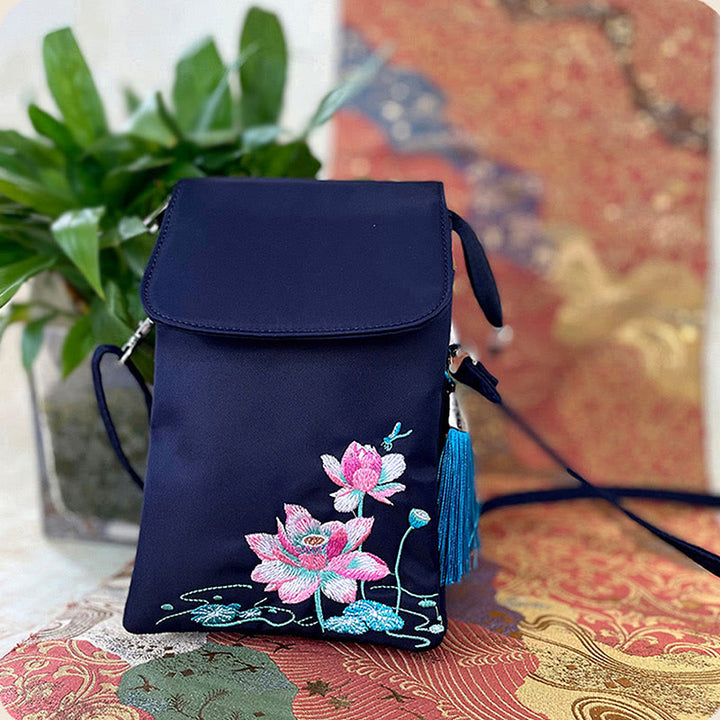 Sac à bandoulière en Buddha Stones imperméable brodé à la main avec fleurs de lotus - Libellule lotus bleue - image 14