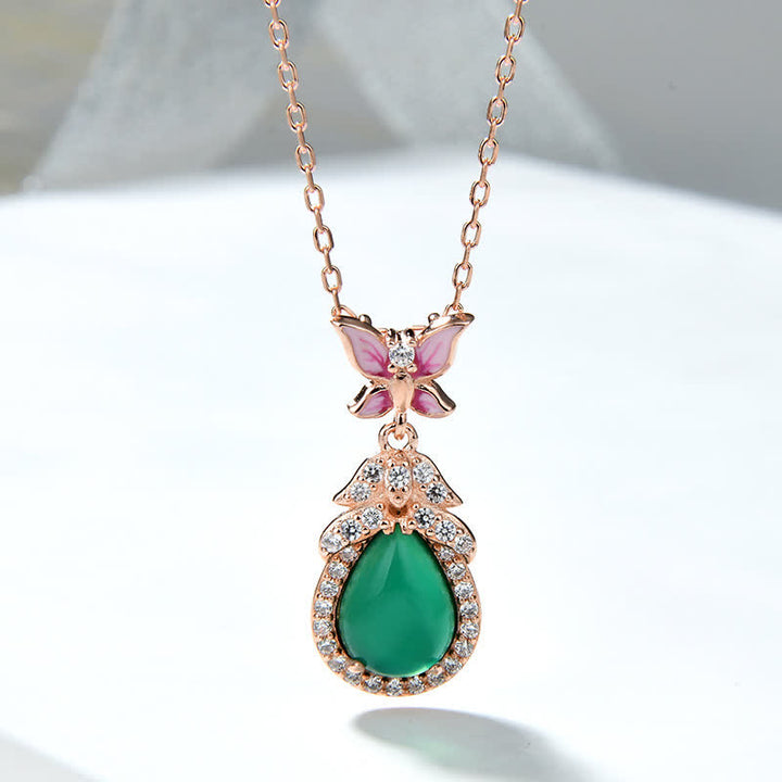Collier pendentif courage en argent sterling 925 avec calcédoine verte et zircon papillon