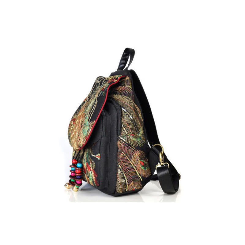 Sac à dos à pompons en toile avec broderies de paon et Buddha Stones
