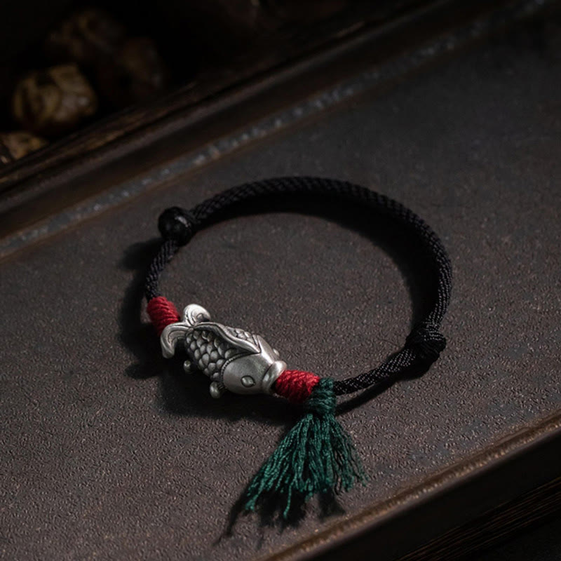 Bracelet tressé en argent sterling 925 Buddha Stones et poisson Koi porte-bonheur