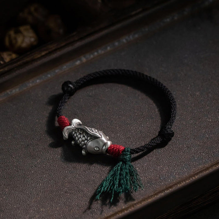 Bracelet tressé en argent sterling 925 Buddha Stones et poisson Koi porte-bonheur
