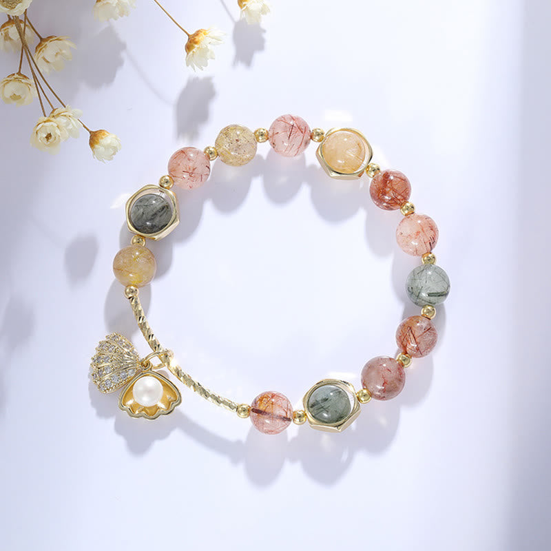 Bracelet de perles de protection en coquillage de quartz rutile coloré naturel de Buddha Stones