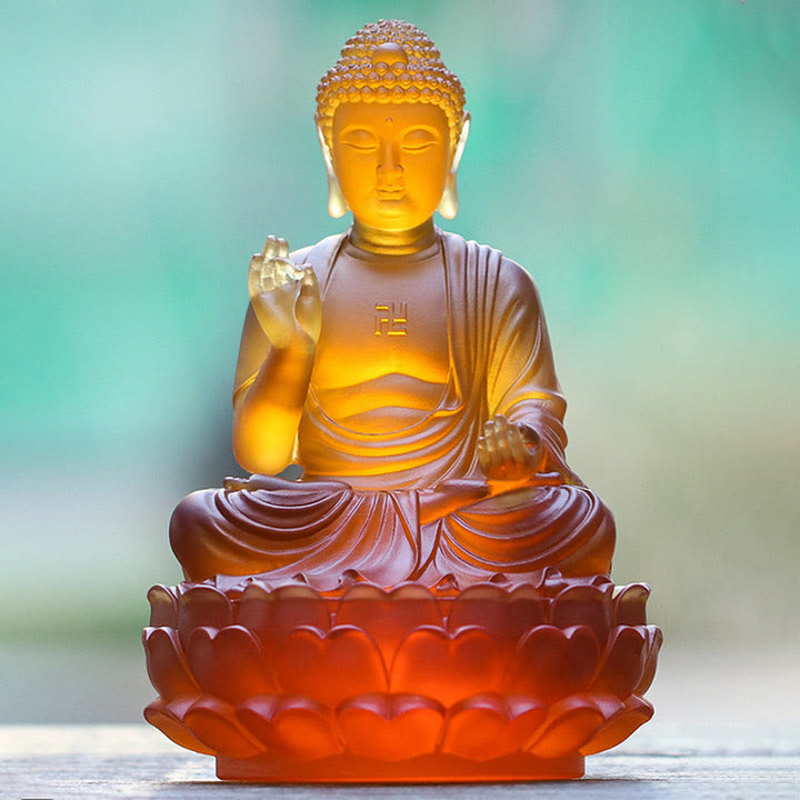 Buddha Stones faites à la main Sakyamuni Bouddha Liuli Pièce d'art en cristal Statue de compassion Décoration d'offrande de bureau à domicile