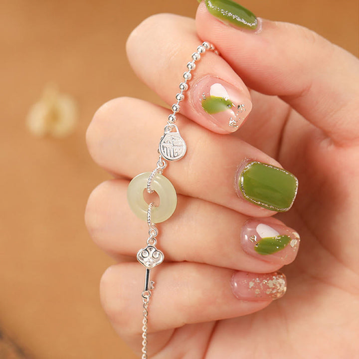 Bracelet chaîne porte-bonheur en argent sterling 925 avec boucle de paix en jade Hetian et Buddha Stones