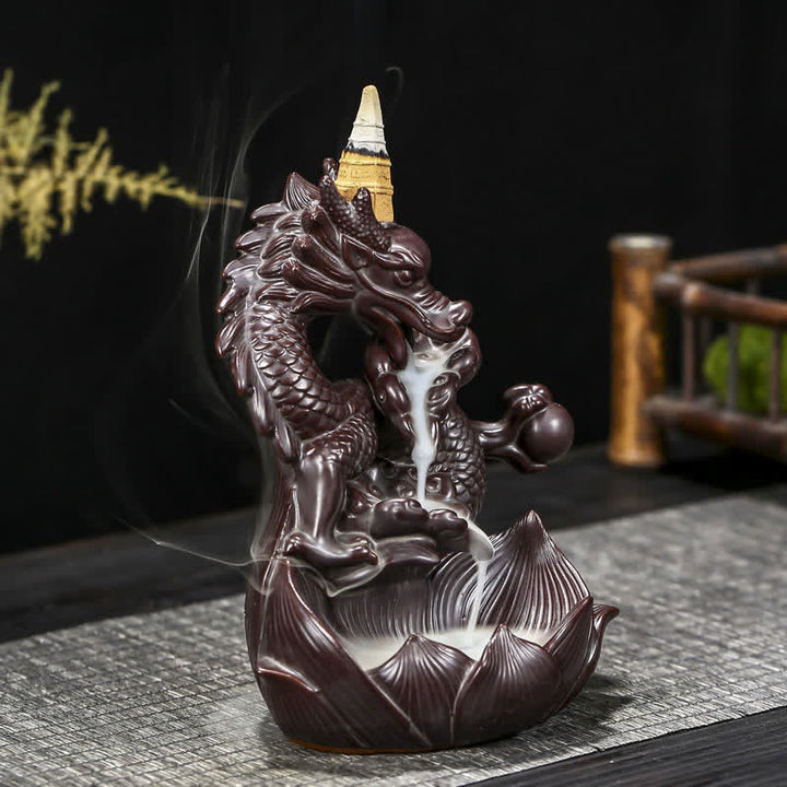 Brûleur d'encens en céramique à motif de dragon et de lotus