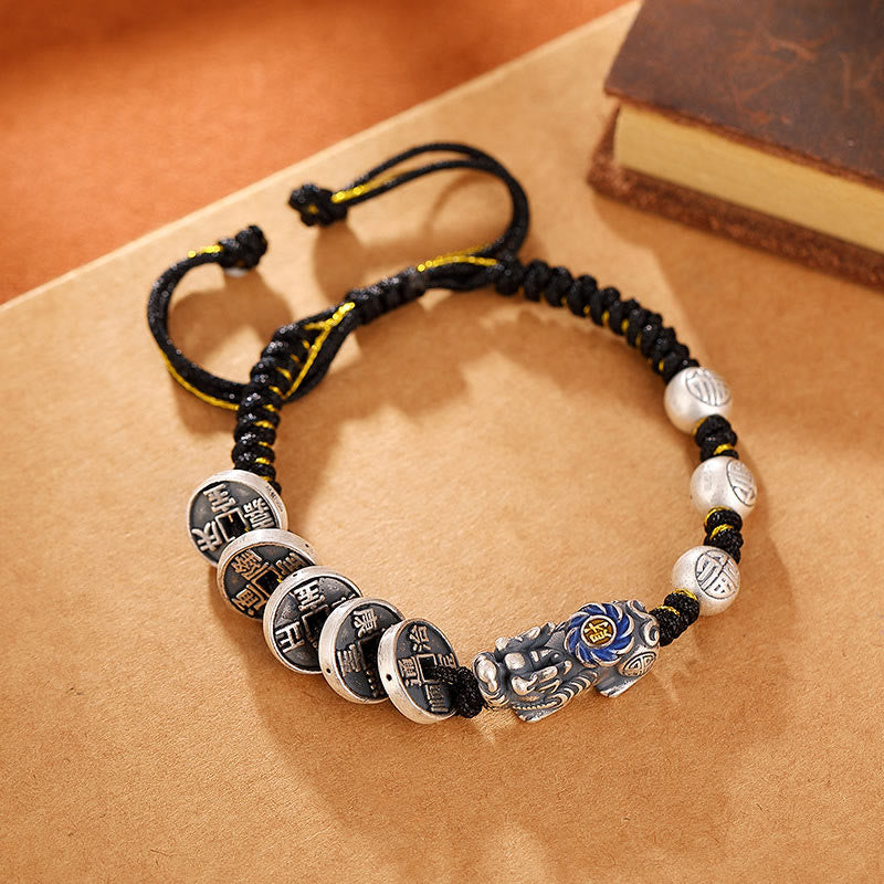 Bracelet tressé en argent sterling 999 Buddha Stones FengShui PiXiu et pièce de cuivre Fu Character Wealth