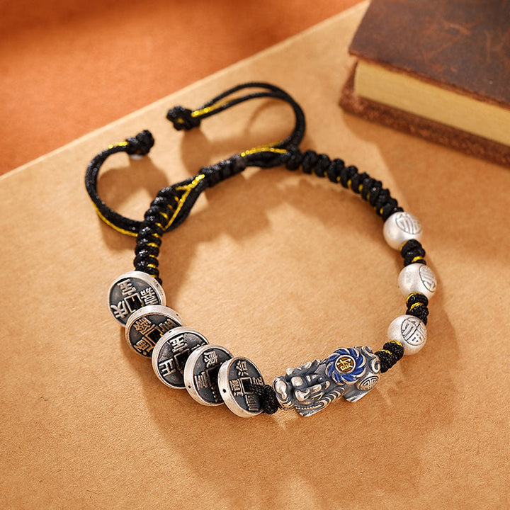 Bracelet tressé en argent sterling 999 Buddha Stones FengShui PiXiu et pièce de cuivre Fu Character Wealth