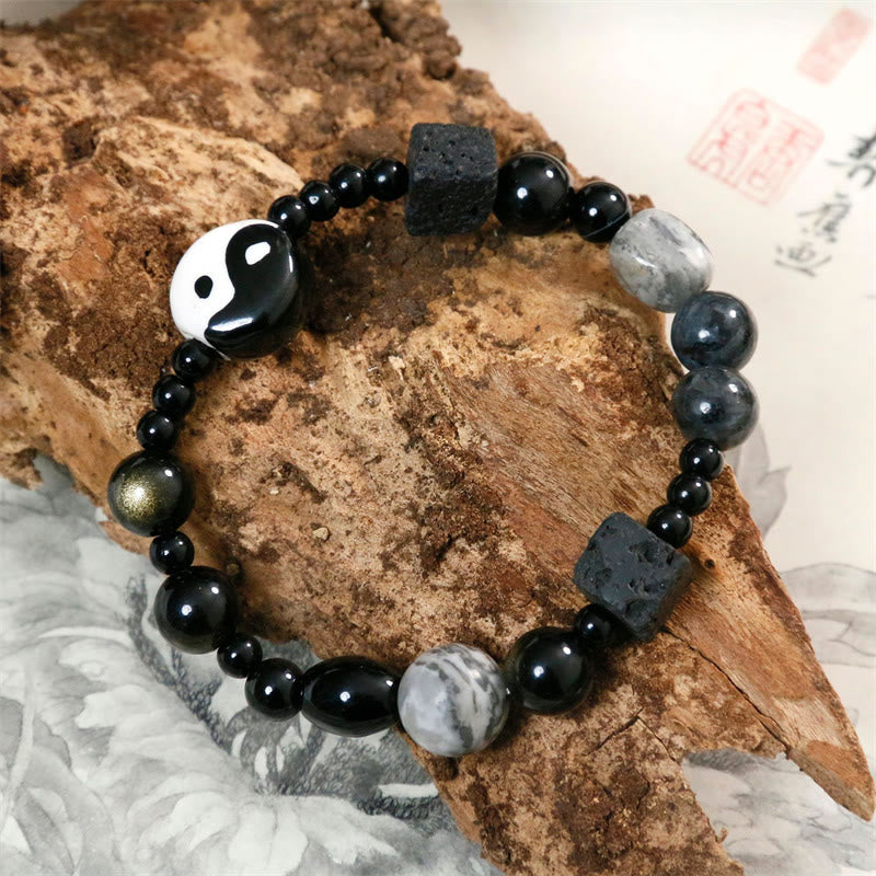 Bracelet de protection de la fortune Yin Yang en perles de jaspe Picasso et onyx noir Buddha Stones