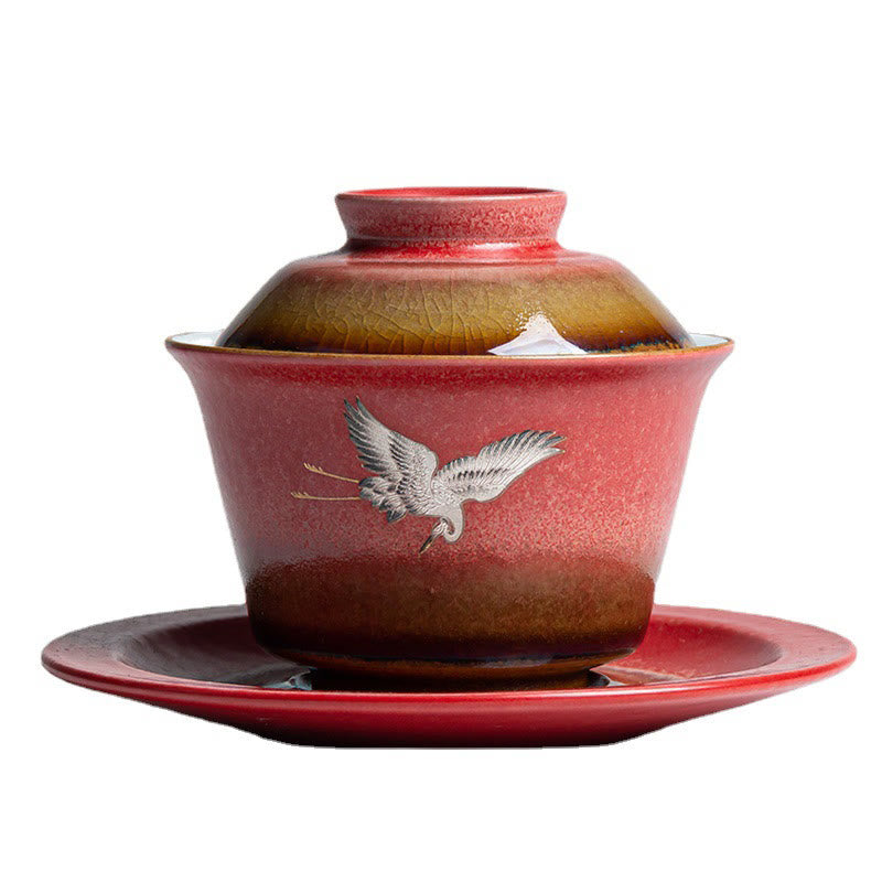 Tasse à thé et soucoupe en céramique Gaiwan Sancai avec couvercle et Buddha Stones rouge de bon augure