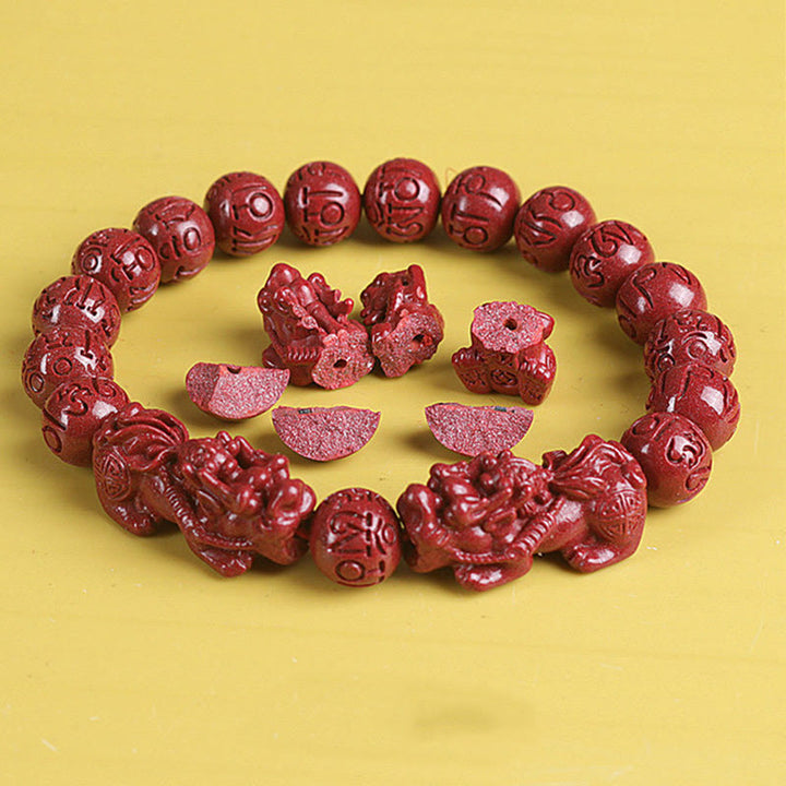 Bracelet de perles de chance et de richesse en Buddha Stones Double PiXiu Cinabre Om Mani Padme Hum