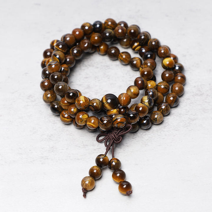 Collier Mala de prière en perles de pierres précieuses naturelles œil de tigre tibétaines de 108 Buddha Stones