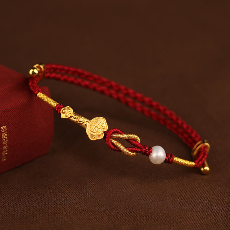 Bracelet tressé porte-bonheur en or 24 carats avec perles et lapin en forme de personnage Fu avec poignée Ruyi et Buddha Stones