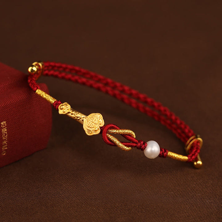 Bracelet tressé porte-bonheur en or 24 carats avec perles et lapin en forme de personnage Fu avec poignée Ruyi et Buddha Stones