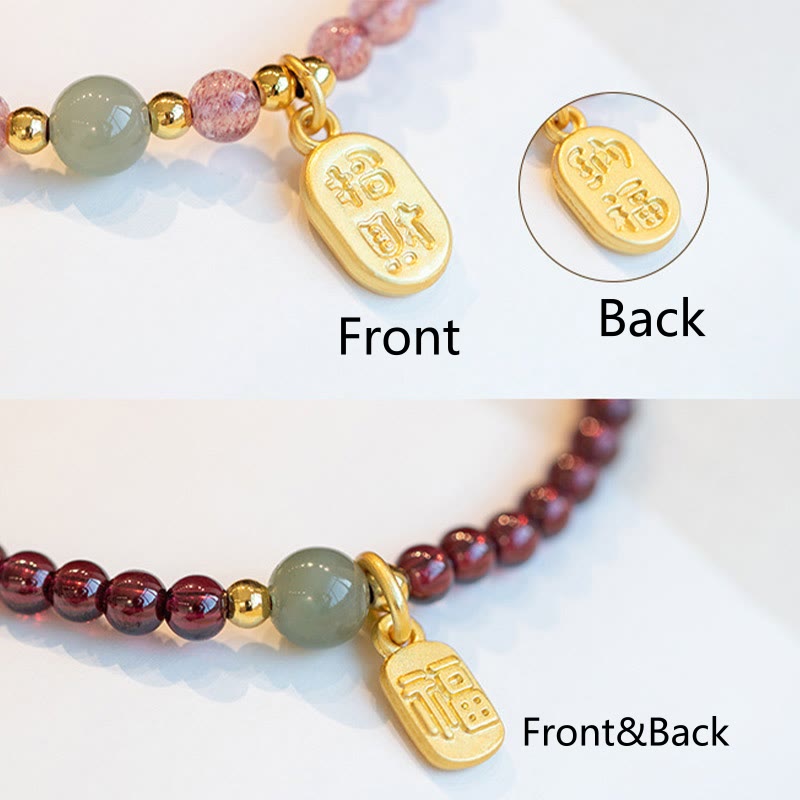 Bracelet porte-bonheur en Buddha Stones, quartz fraise, grenat, jade, caractère Fu
