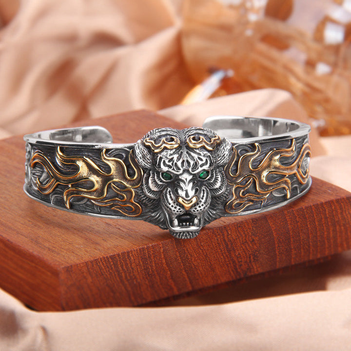 Bracelet jonc en argent sterling 925 Buddha Stones et signe du zodiaque chinois, tigre, éloigne les mauvais esprits