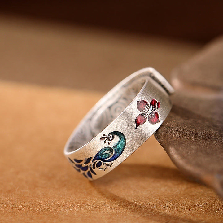 Buddha Stones bonheur en argent sterling 999 avec paon et nuages de bon augure gravés de fleurs de lotus