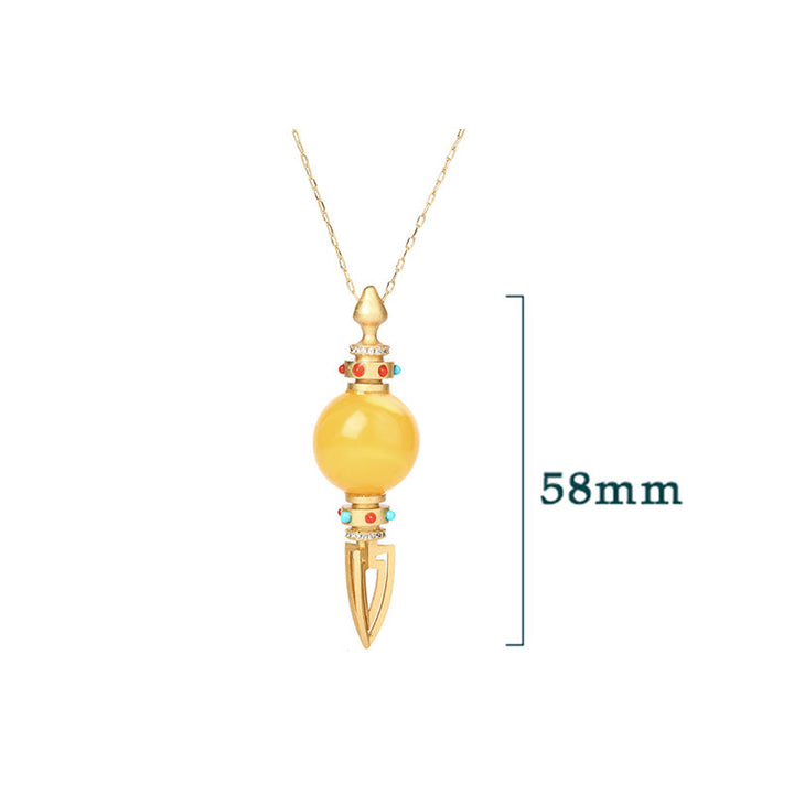 Collier pendentif anxiété clair Dorje Vajra en ambre plaqué or 24 carats