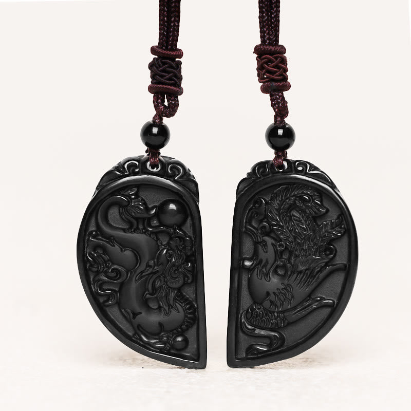 Collier pendentif de protection Dragon Phoenix en obsidienne noire avec Buddha Stones - image 1