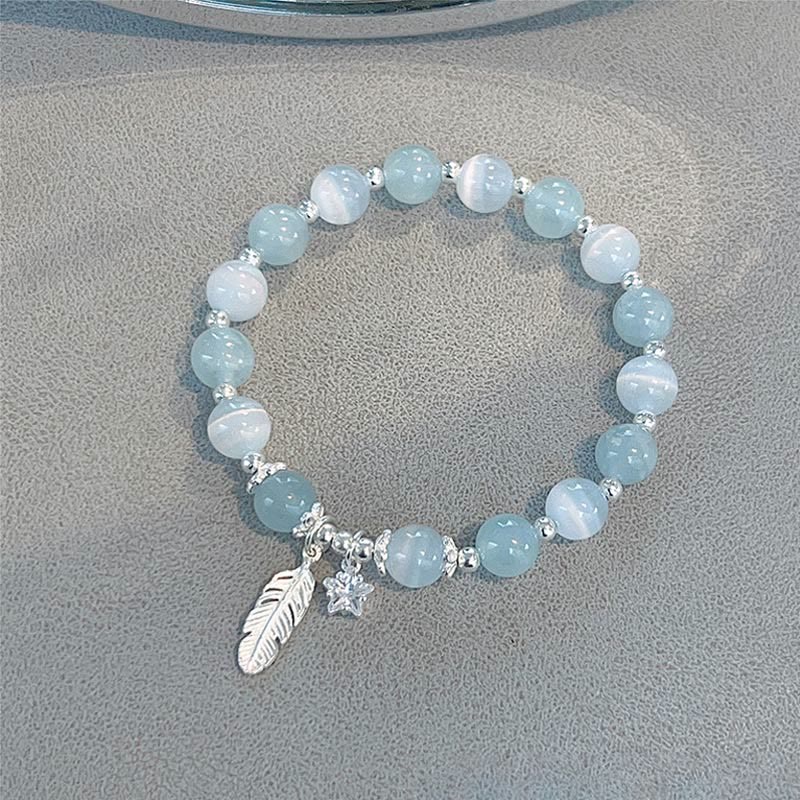 Bracelet à breloques en forme d'étoile en forme de plume de guérison en aigue-marine œil de chat en argent sterling 925 de Buddha Stones - Bracelet en argent sterling 925 avec aigue-marine et œil-de-chat (tour de poignet 14-16 cm) - image 0
