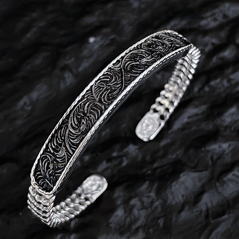 Bracelet manchette porte-bonheur en cuivre gravé avec motif floral de la dynastie Tang et anneau réglable