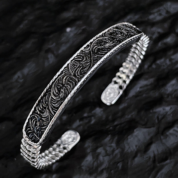 Bracelet manchette porte-bonheur en cuivre gravé avec motif floral de la dynastie Tang et anneau réglable