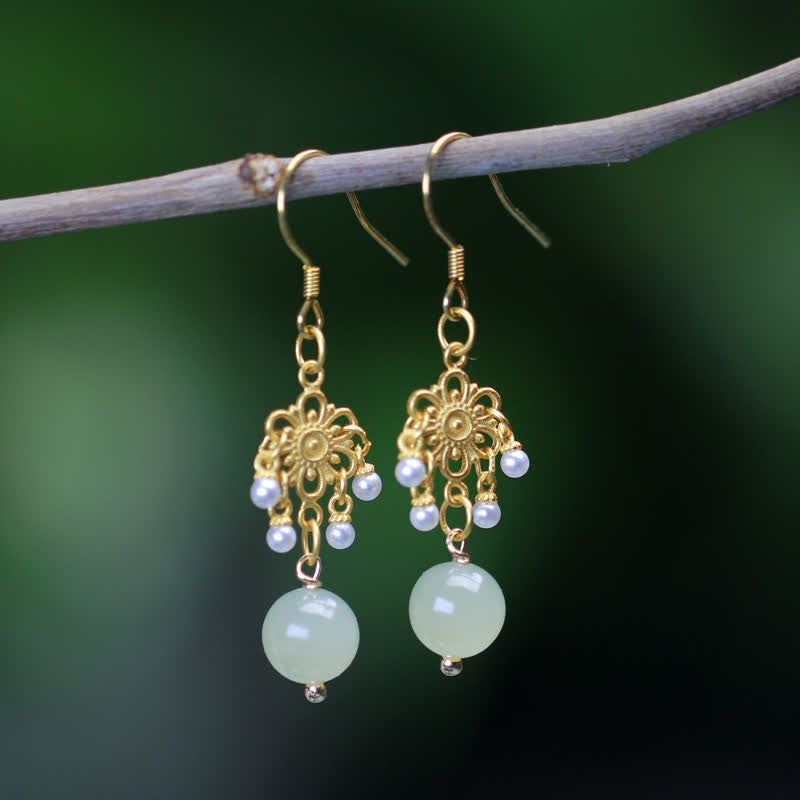 Boucles d'oreilles pendantes en plaqué or 14 carats avec motif de fleur de jade Hetian - image 0