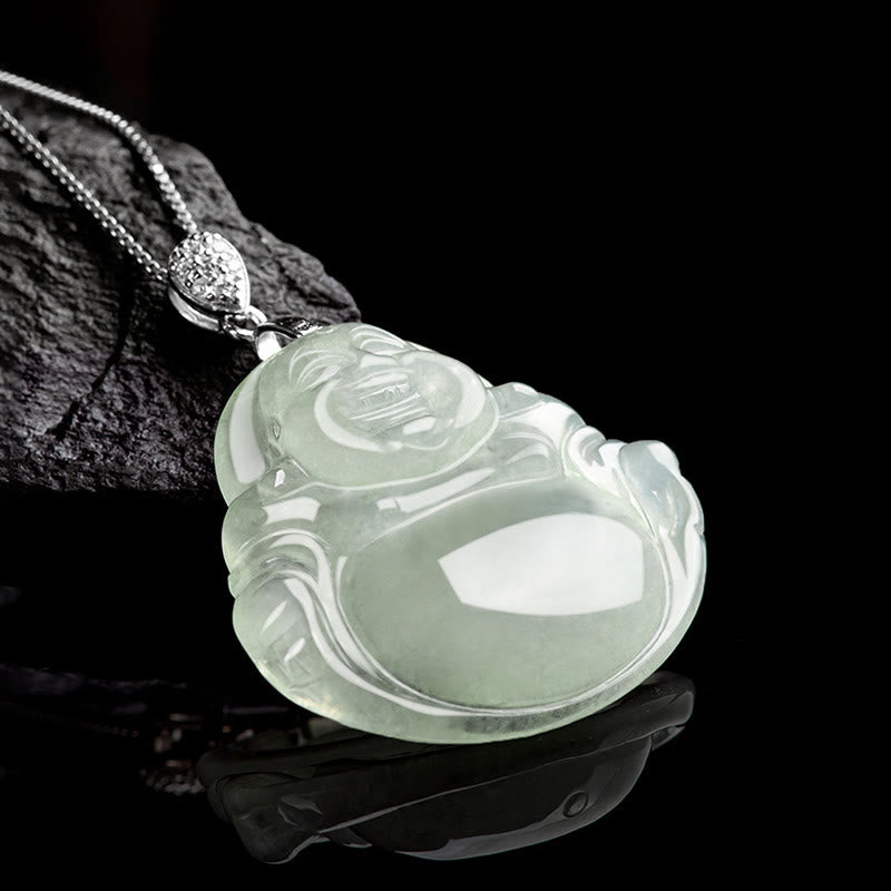Collier Buddha Stones rieur en jade naturel, pierre de Bouddha, symbole de prospérité et d'abondance, chaîne en acier titane. - image 2