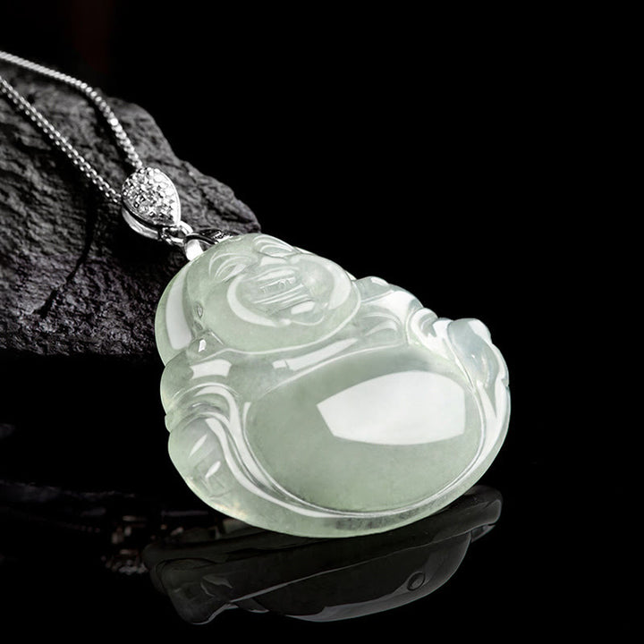 Collier Buddha Stones rieur en jade naturel, pierre de Bouddha, symbole de prospérité et d'abondance, chaîne en acier titane. - image 2