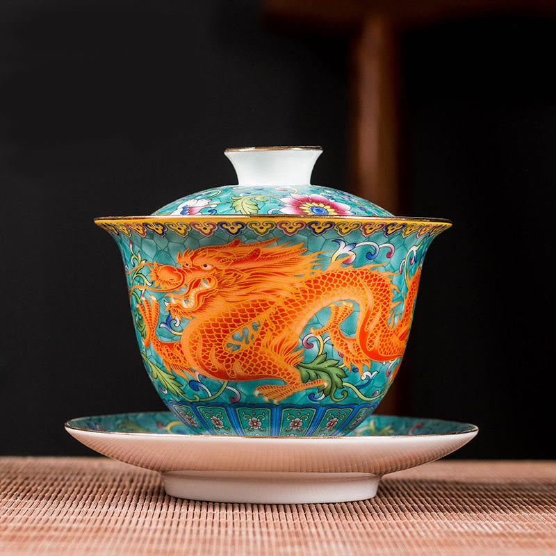 Tasse à thé en céramique Gaiwan Sancai avec motif de fleurs et de dragons Buddha Stones Kung Fu et soucoupe avec couvercle