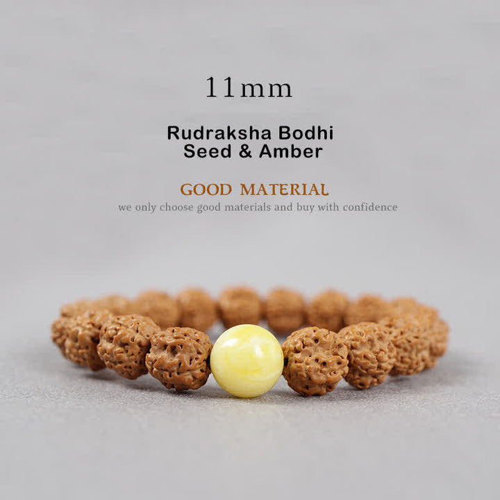 Bracelet de richesse en Buddha Stones tibétaines Rudraksha Bodhi Seed Dzi Bead Amber Turquoise - 11 mm - Graine de Rudraksha Bodhi et ambre - image 18