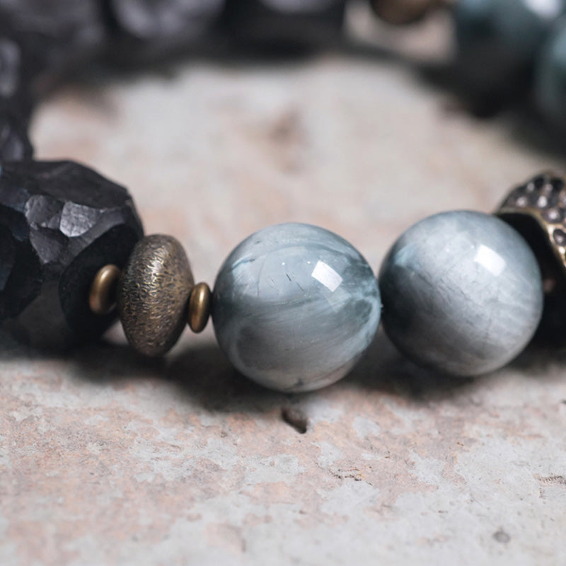 Bracelet de couple en cuivre et bois d'ébène avec pierre œil d'aigle et Buddha Stones