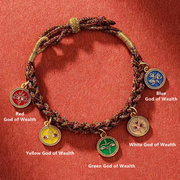 Bracelet Thangka Tibétain en Cordon Tressé Chanceux avec Cinq Dieux de la Richesse