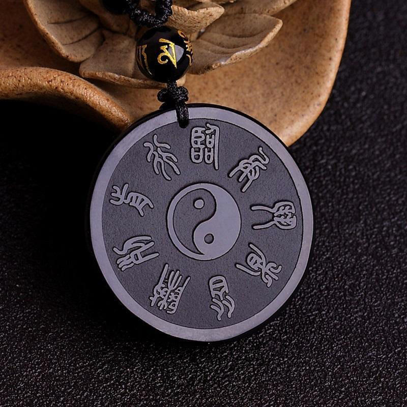 Buddha Stones Obsidienne Noire Naturelle Taoïsme Cinq Montagnes Sacrées Mantra à Neuf Caractères Sculpté Force Yin Yang Collier Pendentif Porte-clés - image 2