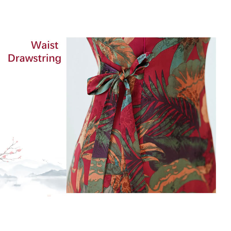 Robe Qipao en soie avec Buddha Stones, motif rétro de feuilles de fleurs, robe cheongsam pour femme