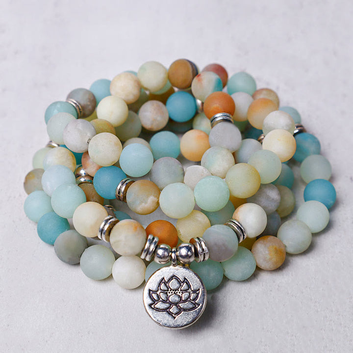 Buddha Stones Mala tibétain en pierre d'amazonite avec lotus de bénédiction