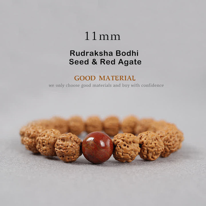 Bracelet de richesse en Buddha Stones tibétaines Rudraksha Bodhi Seed Dzi Bead Amber Turquoise - 11 mm - Graine de Rudraksha Bodhi et agate rouge - image 20