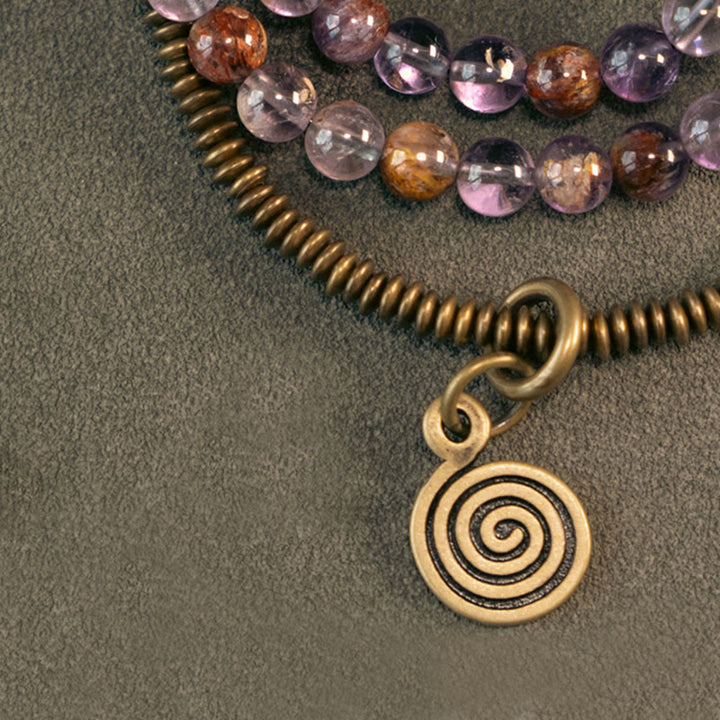 Bracelet en cuivre Love Forgive Buddha Stones quartz hématoïde rouge fantôme violet et quartz rutile vert