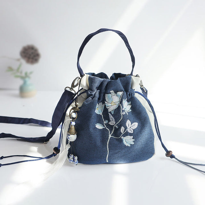 Sac à main en toile brodé à la main avec Buddha Stones et fleurs - Feuilles de fleurs bleues et blanches 20*20cm - image 20