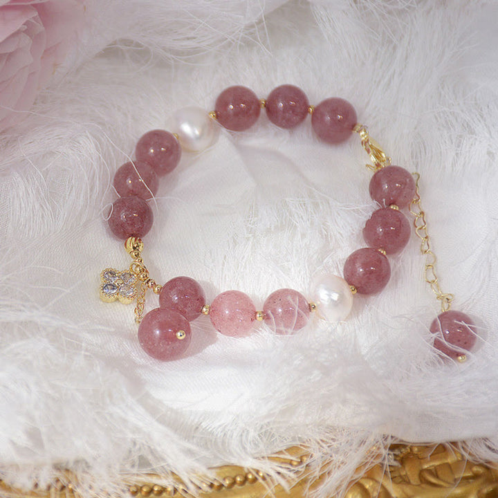 Bracelet d'amour en perles de quartz fraise naturelles et trèfle à quatre feuilles Buddha Stones