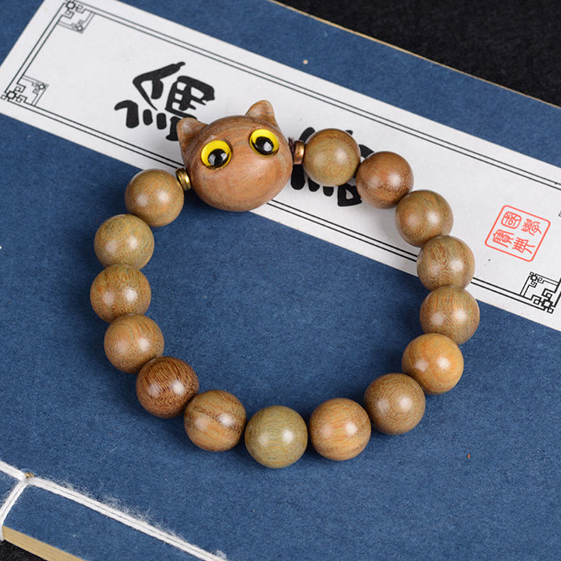 Bracelet d'équilibre en forme de chat avec Buddha Stones en bois d'ébène, bois de santal vert et bois de santal rouge - Perles de santal vert chat 12 mm x 15 (tour de poignet 14-16 cm) - image 8